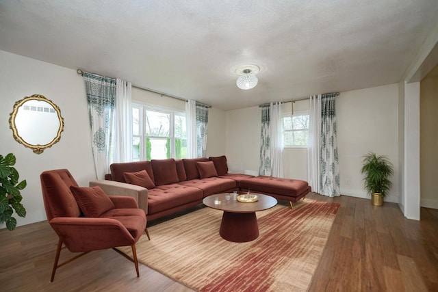 living room featuring baseboards, wood finished floors, and a textured ceiling