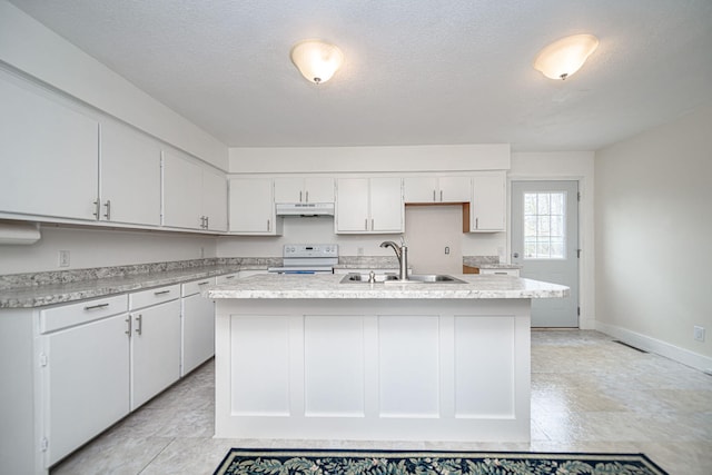 kitchen with under cabinet range hood, a sink, light countertops, and white electric range