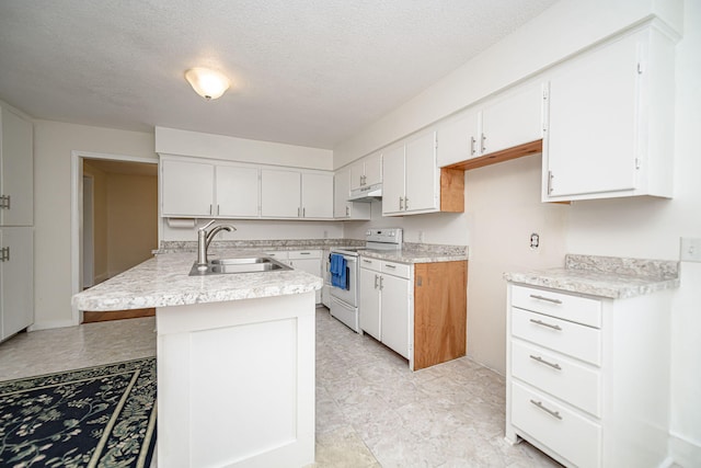kitchen with under cabinet range hood, electric range, light countertops, a sink, and a textured ceiling