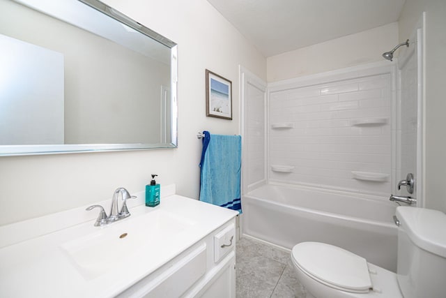full bathroom featuring shower / bath combination, vanity, tile patterned flooring, and toilet