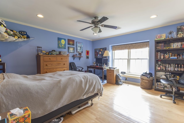 30 Holman Rd, Moberly, MO 65270 - bedroom with ornamental molding, recessed lighting, wood finished floors, and a ceiling fan