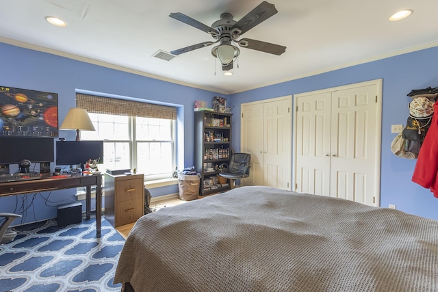 30 Holman Rd, Moberly, MO 65270 - bedroom featuring recessed lighting, ornamental molding, visible vents, and multiple closets