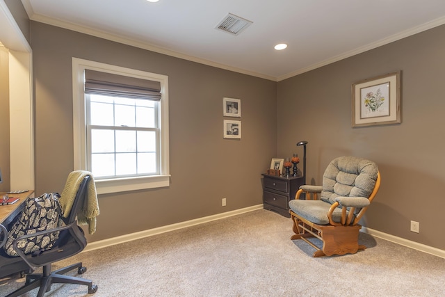 30 Holman Rd, Moberly, MO 65270 - carpeted home office featuring baseboards, ornamental molding, and visible vents