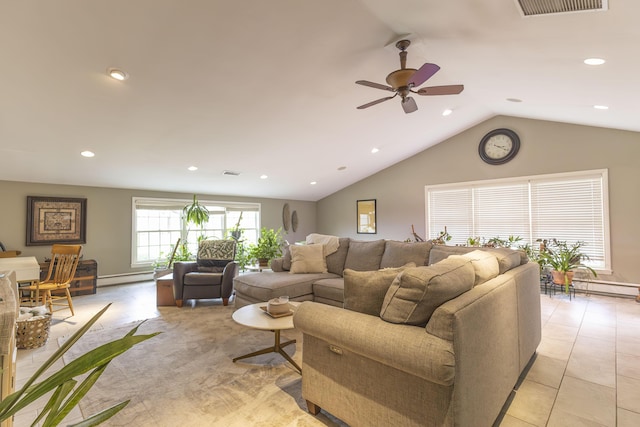 30 Holman Rd, Moberly, MO 65270 - living room with visible vents, ceiling fan, a baseboard heating unit, and vaulted ceiling