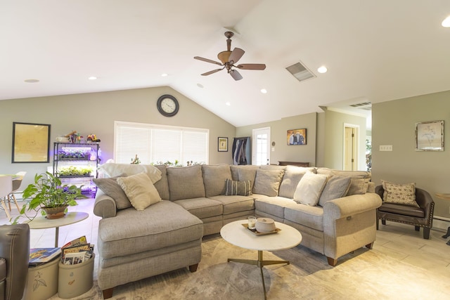 30 Holman Rd, Moberly, MO 65270 - living area featuring visible vents, a ceiling fan, recessed lighting, and lofted ceiling