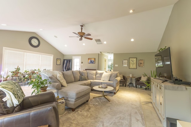 30 Holman Rd, Moberly, MO 65270 - living room with visible vents, light tile patterned floors, ceiling fan, recessed lighting, and lofted ceiling