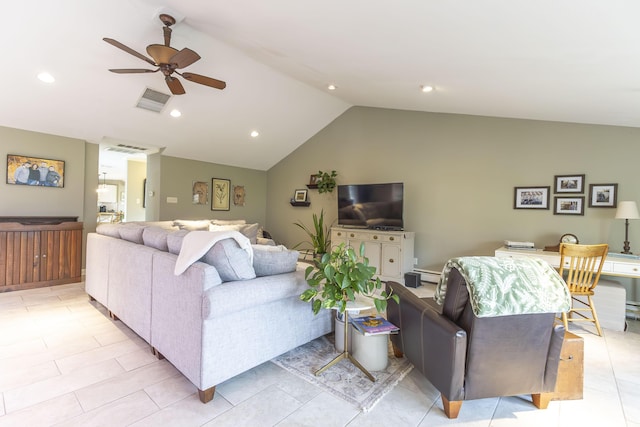 30 Holman Rd, Moberly, MO 65270 - living area featuring visible vents, ceiling fan, recessed lighting, vaulted ceiling, and a baseboard heating unit