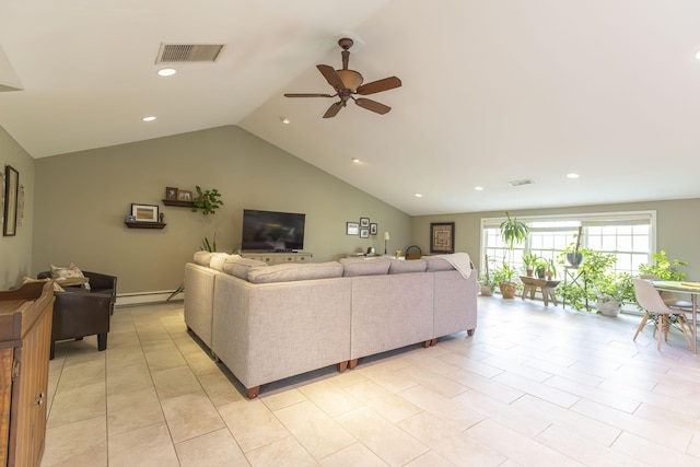 30 Holman Rd, Moberly, MO 65270 - living room featuring visible vents, a ceiling fan, a baseboard heating unit, and lofted ceiling