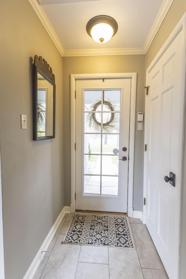 30 Holman Rd, Moberly, MO 65270 - doorway to outside with a textured ceiling, baseboards, and ornamental molding