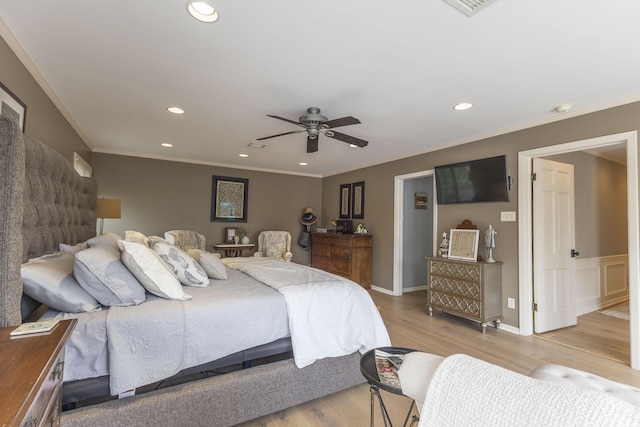 30 Holman Rd, Moberly, MO 65270 - bedroom featuring recessed lighting, light wood finished floors, ornamental molding, and ceiling fan