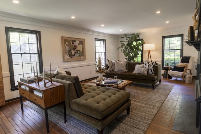 living room with crown molding, dark wood-style flooring, healthy amount of natural light, recessed lighting, and baseboards