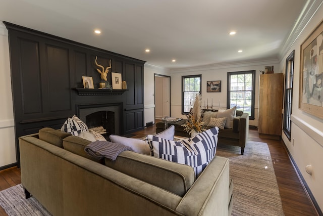 living area with crown molding, recessed lighting, a fireplace, and dark wood finished floors
