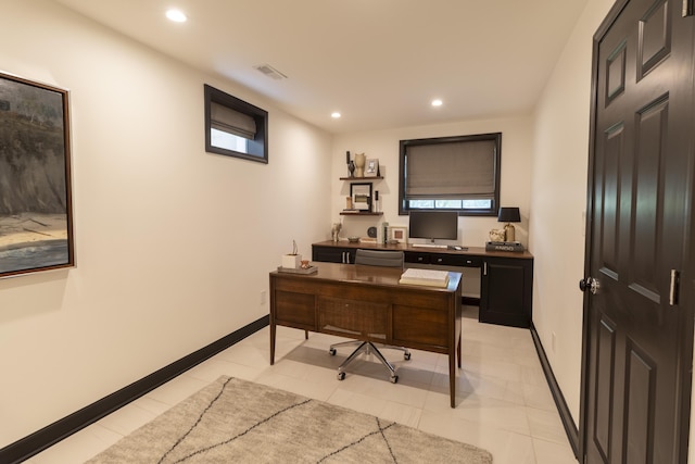 home office featuring recessed lighting, baseboards, and light tile patterned flooring