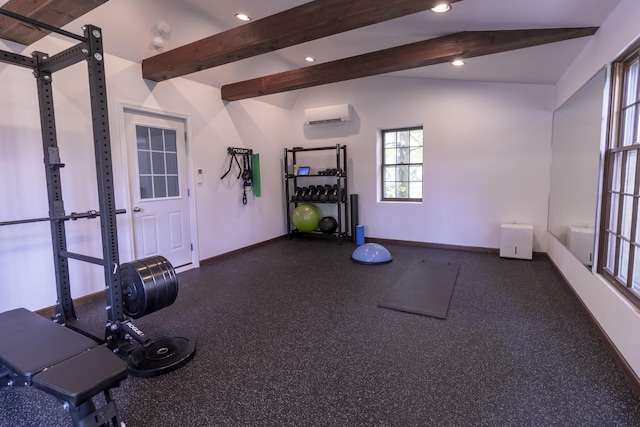 workout area with an AC wall unit, recessed lighting, and baseboards