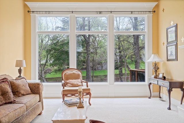 living room with carpet and crown molding