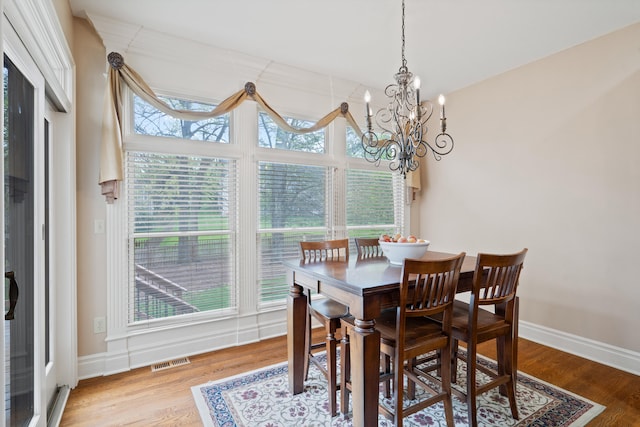 dining area featuring wood finished floors, visible vents, baseboards, and an inviting chandelier