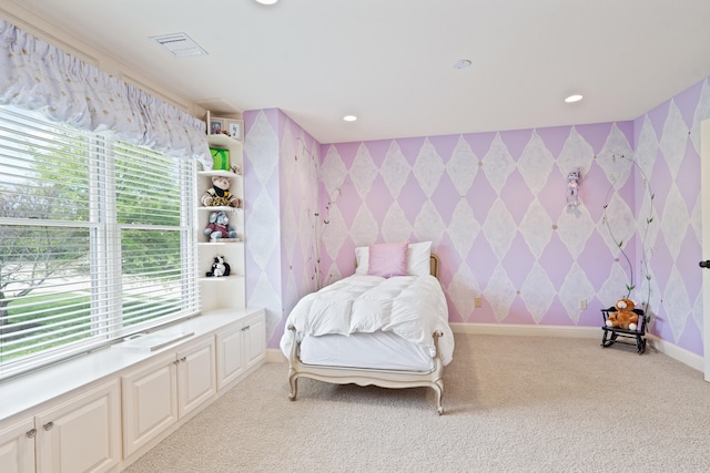 bedroom with recessed lighting, visible vents, wallpapered walls, and light carpet