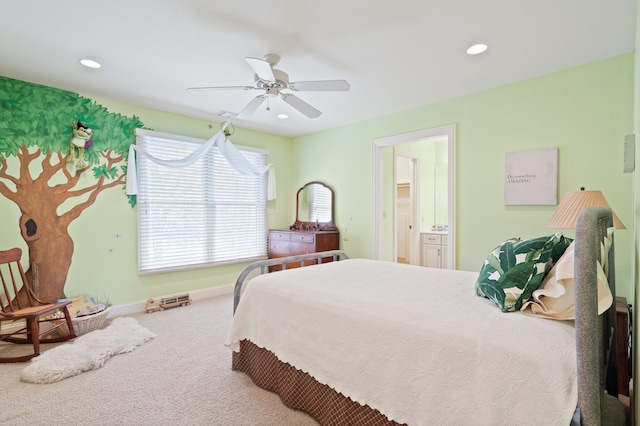 carpeted bedroom with baseboards, recessed lighting, ceiling fan, and connected bathroom