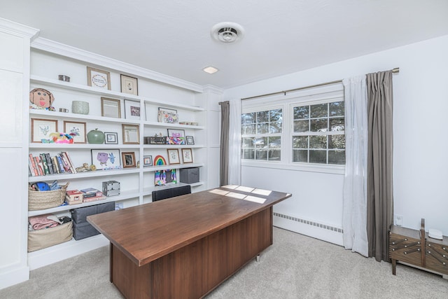 office space featuring a baseboard heating unit, crown molding, and light colored carpet
