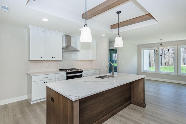 709 Sagemoor Dr, Columbia, MO 65201 - kitchen featuring light wood finished floors, a sink, stainless steel gas range, visible vents, and wall chimney range hood