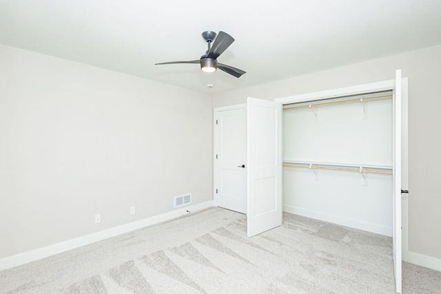 709 Sagemoor Dr, Columbia, MO 65201 - unfurnished bedroom featuring a closet, ceiling fan, baseboards, carpet flooring, and visible vents