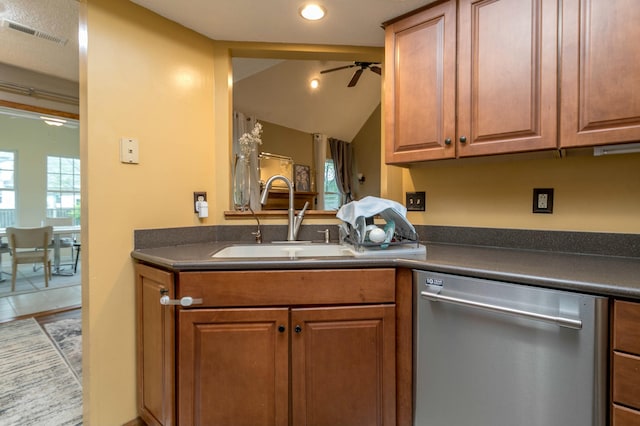 3701 Churchill Dr, Columbia, MO 65201 - kitchen with a sink, a ceiling fan, visible vents, stainless steel dishwasher, and dark countertops