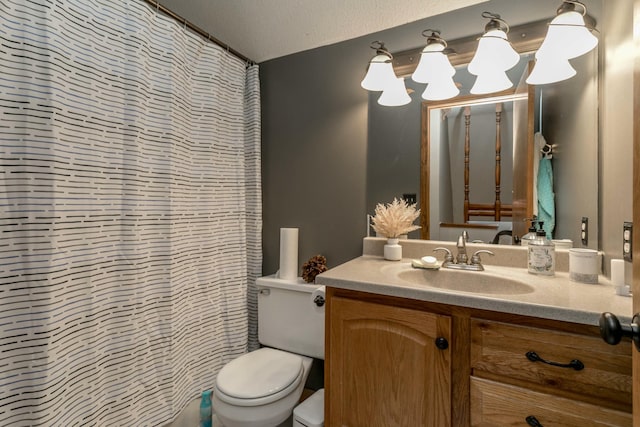 3701 Churchill Dr, Columbia, MO 65201 - full bathroom featuring a textured ceiling, vanity, toilet, and a shower with curtain