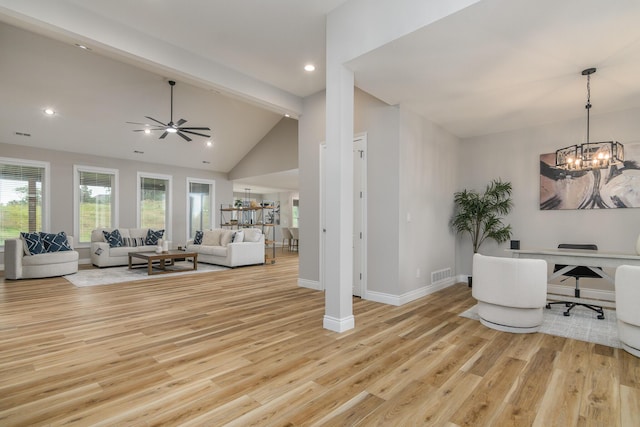 6301 Crooked Switch Ct, Columbia, MO 65201 - living room featuring a chandelier, light wood finished floors, baseboards, an office area, and ceiling fan