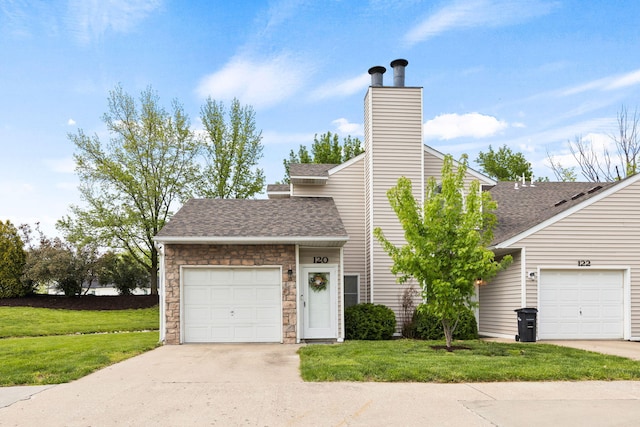 view of front of property with a front lawn, roof with shingles, and a chimney