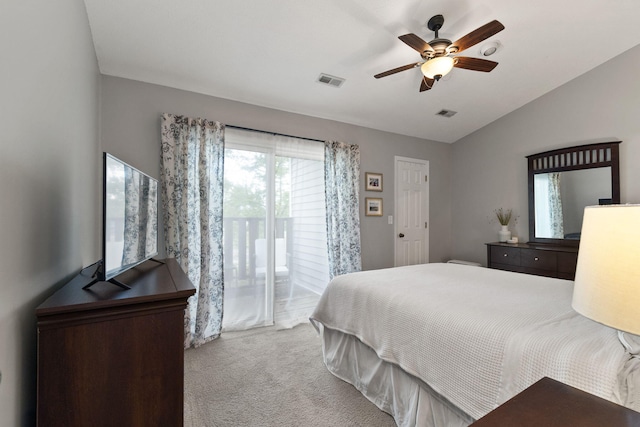 bedroom with visible vents, access to exterior, ceiling fan, carpet flooring, and vaulted ceiling