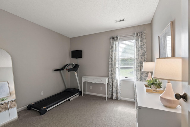 workout room with baseboards, carpet, and visible vents