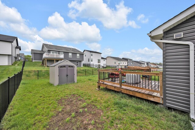 1103 Baseball Dr, Foristell, MO 63384 - view of yard with a residential view, a fenced backyard, a deck, and a storage shed