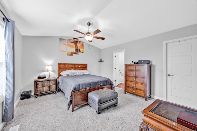 1103 Baseball Dr, Foristell, MO 63384 - carpeted bedroom featuring visible vents, baseboards, connected bathroom, a ceiling fan, and vaulted ceiling