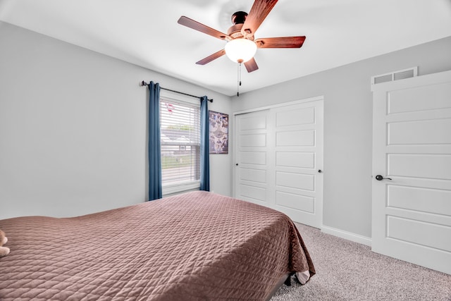 1103 Baseball Dr, Foristell, MO 63384 - bedroom with visible vents, a closet, baseboards, ceiling fan, and carpet flooring