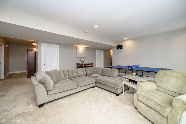 living room featuring baseboards, recessed lighting, and carpet flooring