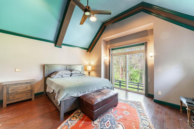 bedroom featuring vaulted ceiling, baseboards, access to outside, and hardwood / wood-style flooring