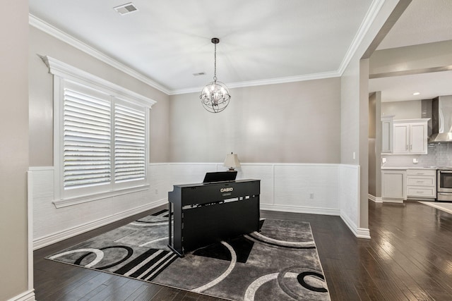 4210 Granite Springs Dr, Columbia, MO 65203 - home office featuring wainscoting, dark wood-style floors, a chandelier, and ornamental molding