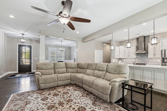 4210 Granite Springs Dr, Columbia, MO 65203 - living room with dark wood-style floors, recessed lighting, ceiling fan, and a chandelier