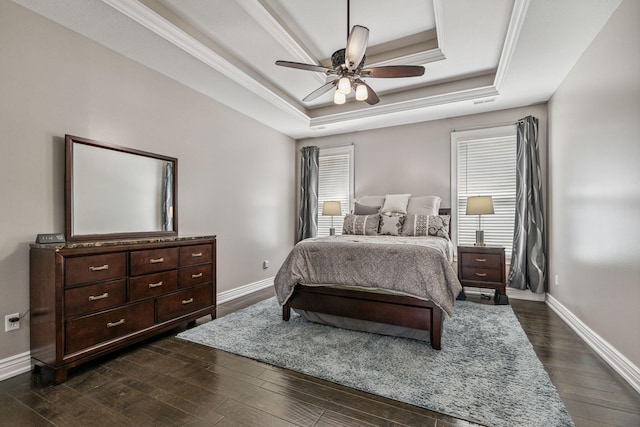 4210 Granite Springs Dr, Columbia, MO 65203 - bedroom featuring a raised ceiling, dark wood-style floors, ceiling fan, and crown molding