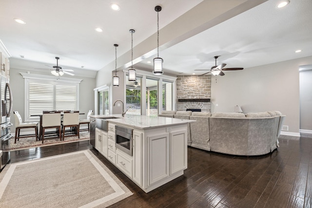 4210 Granite Springs Dr, Columbia, MO 65203 - kitchen with ceiling fan, stainless steel appliances, a fireplace, healthy amount of natural light, and recessed lighting