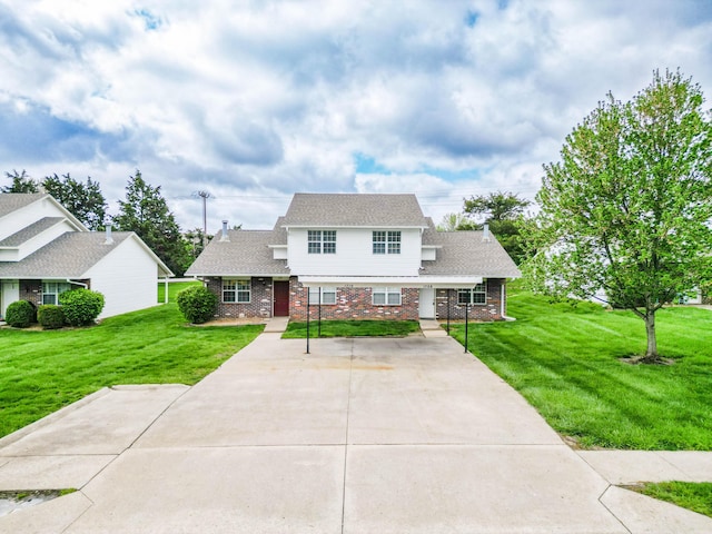 view of front of house featuring concrete driveway, a front lawn, brick siding, and a shingled roof