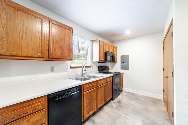 kitchen with electric panel, a sink, finished concrete floors, light countertops, and black appliances