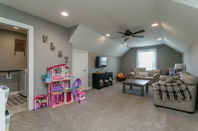 carpeted living area featuring recessed lighting, ceiling fan, lofted ceiling, and baseboards