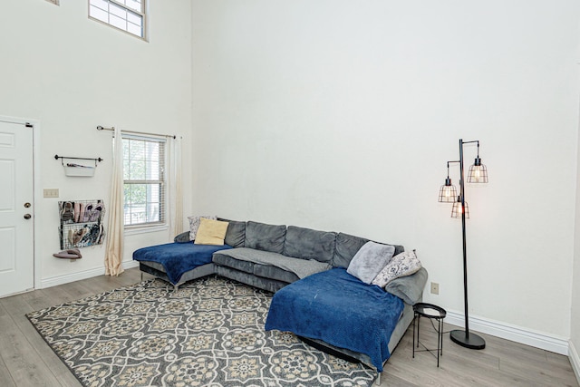 living area featuring baseboards, a high ceiling, and wood finished floors
