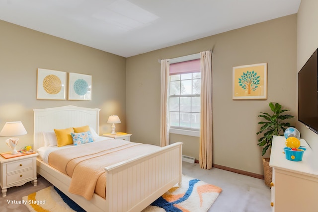302 Park Rd, Fayette, MO 65248 - bedroom with baseboards, baseboard heating, and light carpet