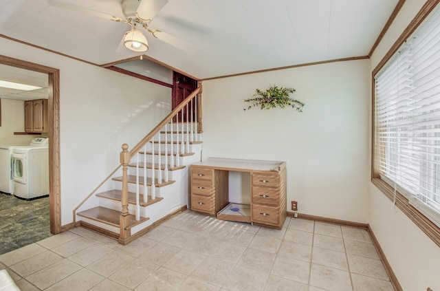 302 Park Rd, Fayette, MO 65248 - stairs with plenty of natural light, baseboards, ceiling fan, and washer and clothes dryer