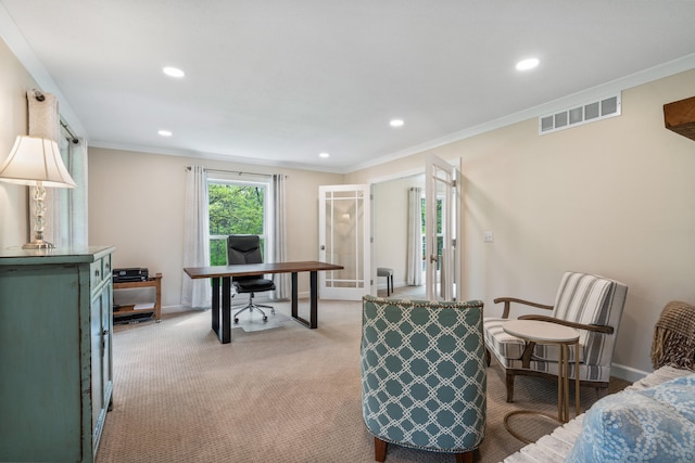 office featuring recessed lighting, light colored carpet, ornamental molding, baseboards, and visible vents