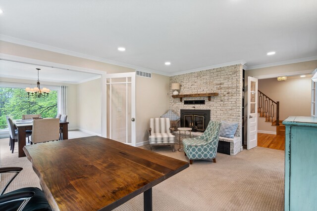 interior space featuring an inviting chandelier, visible vents, baseboards, and stairs