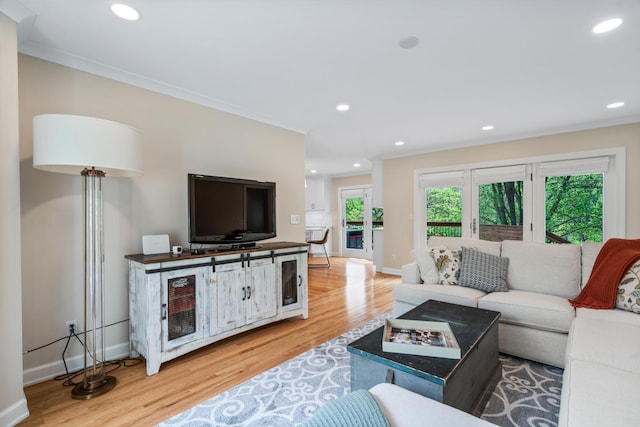 living area with wood finished floors, ornamental molding, and baseboards