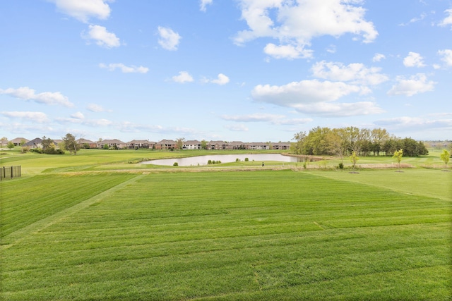 view of community featuring a residential view, a water view, and a lawn